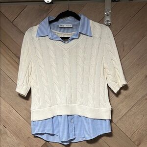 Zara Cream Cable Knit Sweater with Blue Striped Shirt